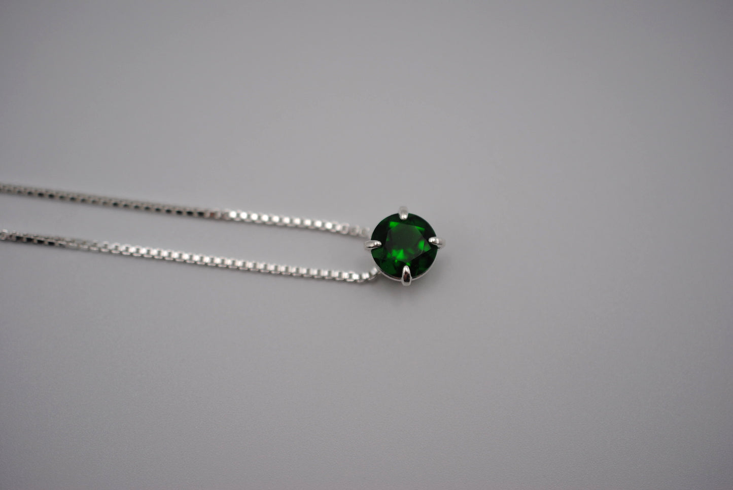 Birthstone Necklace: Round Emerald, Silver Prong Setting, Adjustable Chain