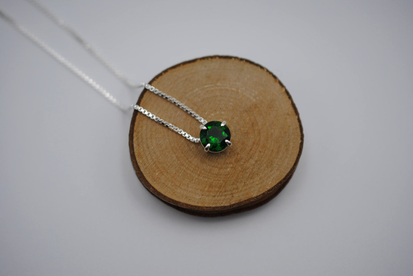 Birthstone Necklace: Round Emerald, Silver Prong Setting, Adjustable Chain