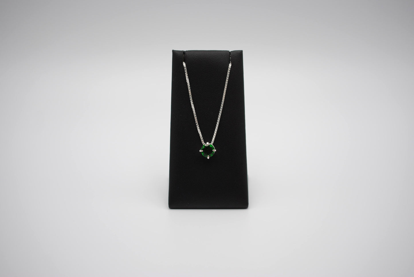 Birthstone Necklace: Round Emerald, Silver Prong Setting, Adjustable Chain