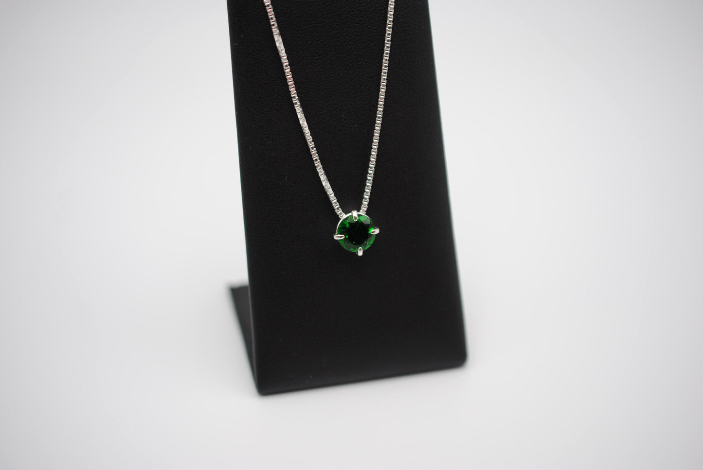 Birthstone Necklace: Round Emerald, Silver Prong Setting, Adjustable Chain