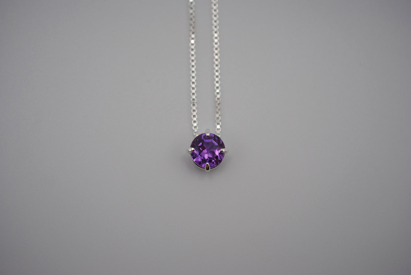 Birthstone Necklace: Round Amethyst, Silver Prong Setting, Adjustable Chain