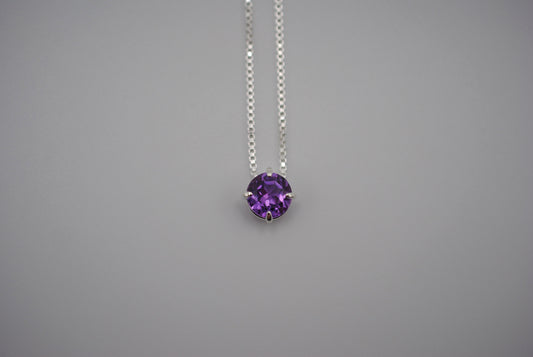 Birthstone Necklace: Round Amethyst, Silver Prong Setting, Adjustable Chain