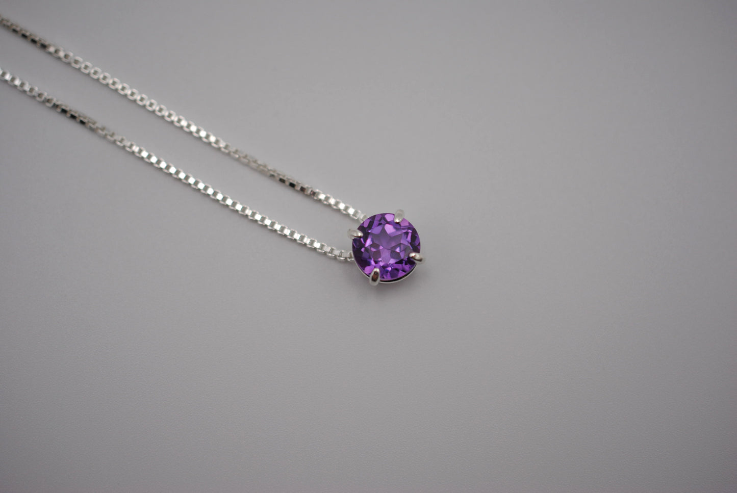 Birthstone Necklace: Round Amethyst, Silver Prong Setting, Adjustable Chain