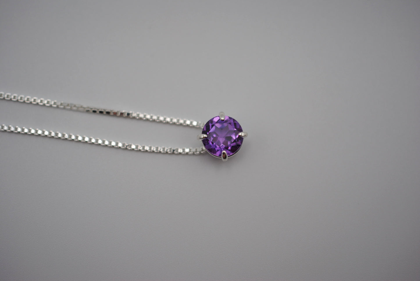 Birthstone Necklace: Round Amethyst, Silver Prong Setting, Adjustable Chain