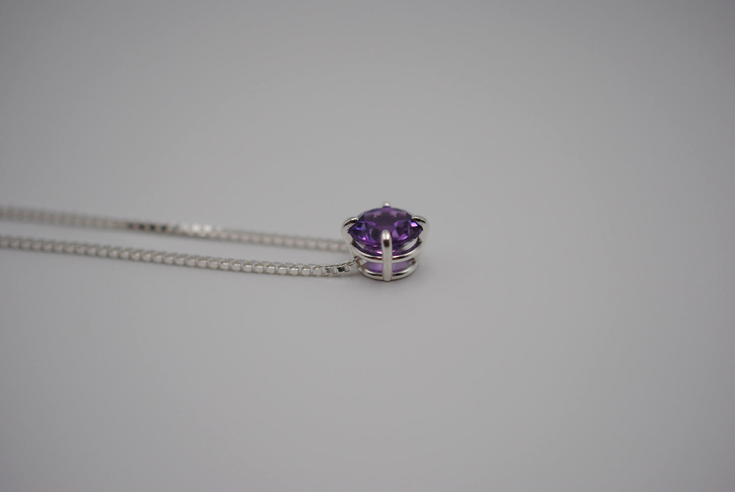 Birthstone Necklace: Round Amethyst, Silver Prong Setting, Adjustable Chain