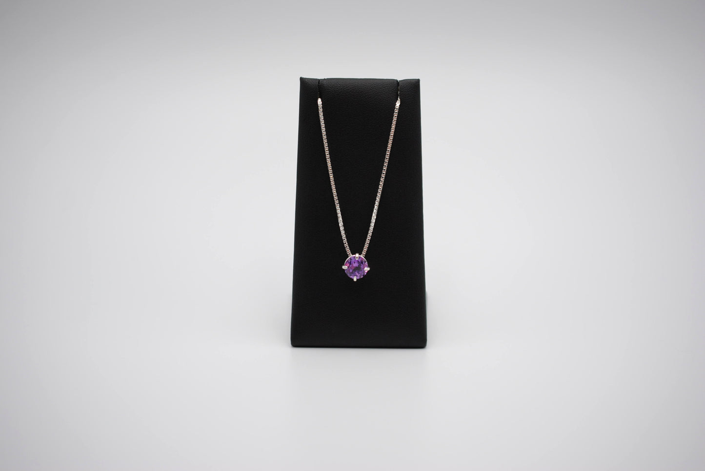 Birthstone Necklace: Round Amethyst, Silver Prong Setting, Adjustable Chain