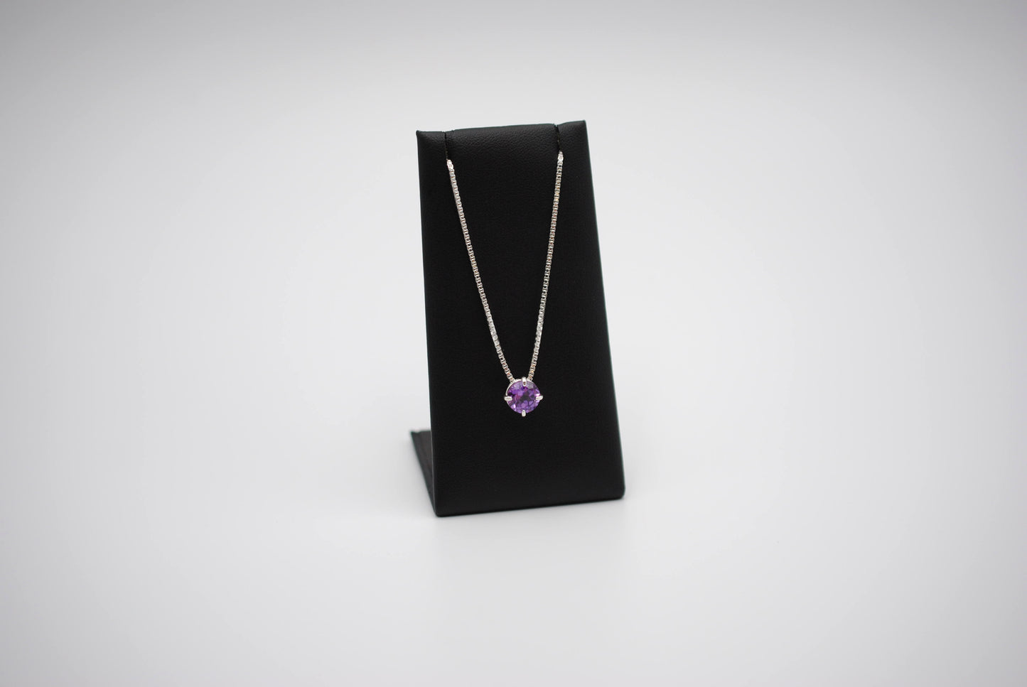 Birthstone Necklace: Round Amethyst, Silver Prong Setting, Adjustable Chain