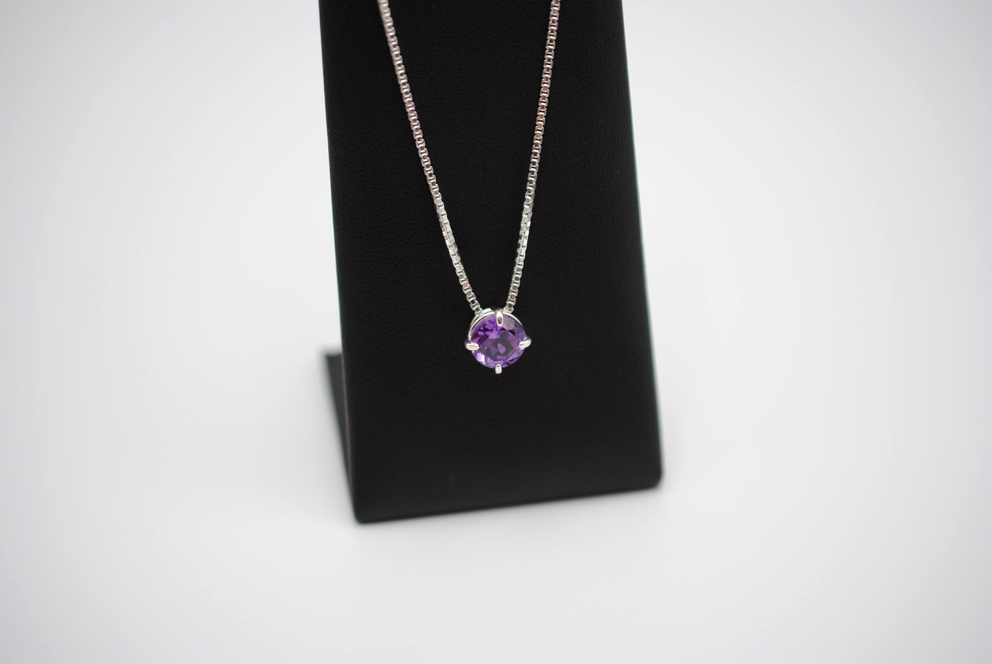 Birthstone Necklace: Round Amethyst, Silver Prong Setting, Adjustable Chain