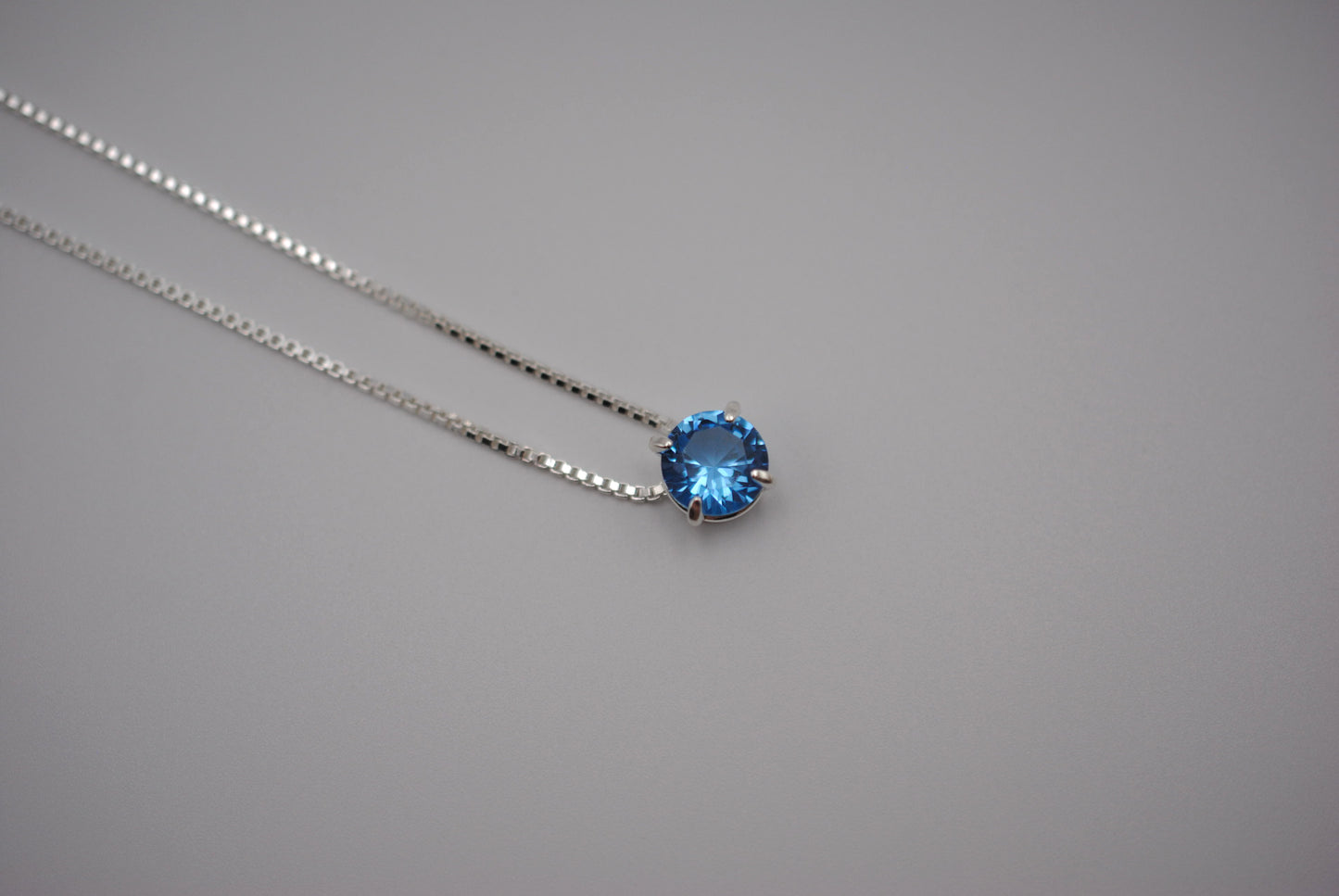 Birthstone Necklace: Round Aquamarine, Silver Prongs, Adjustable Chain