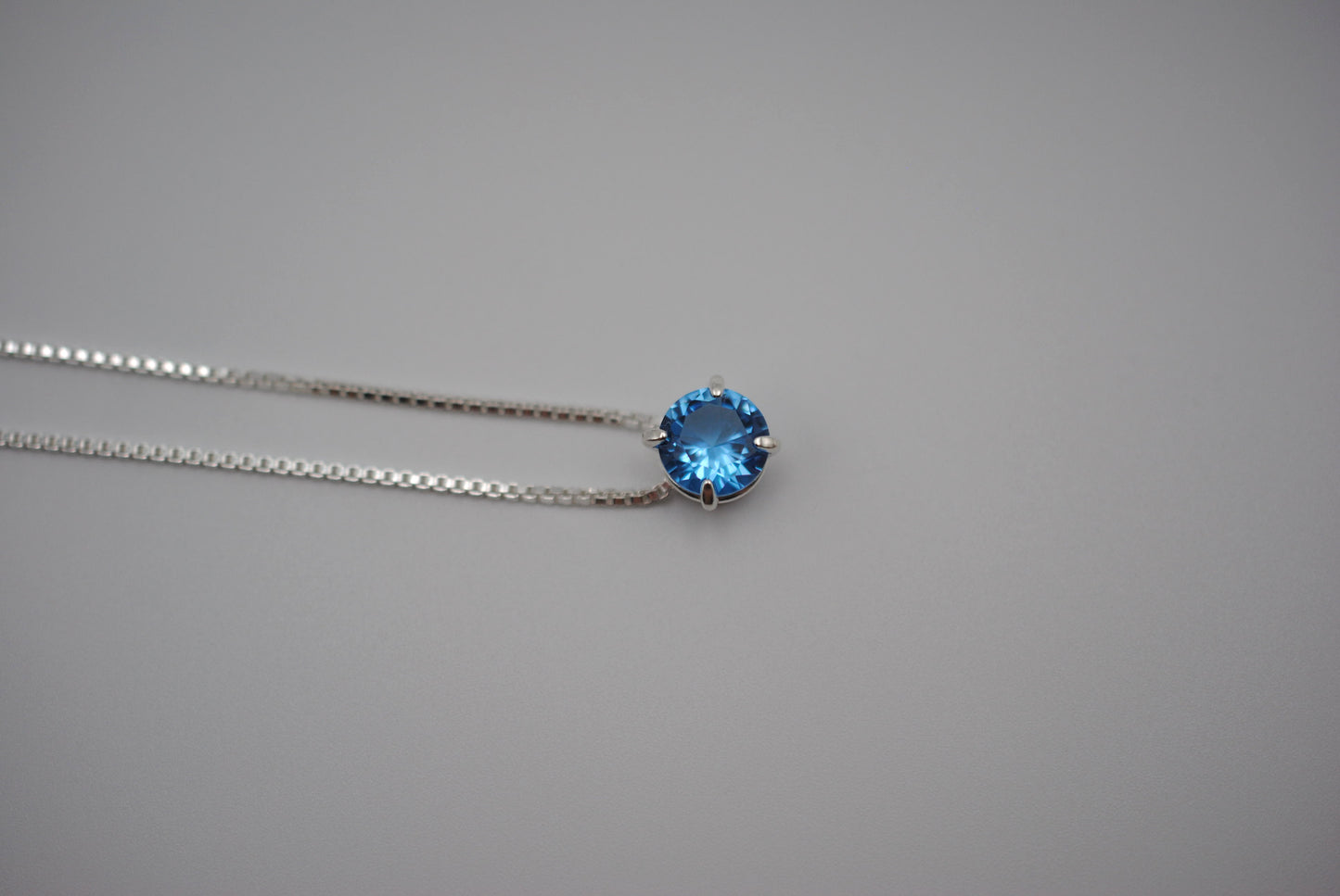 Birthstone Necklace: Round Aquamarine, Silver Prongs, Adjustable Chain