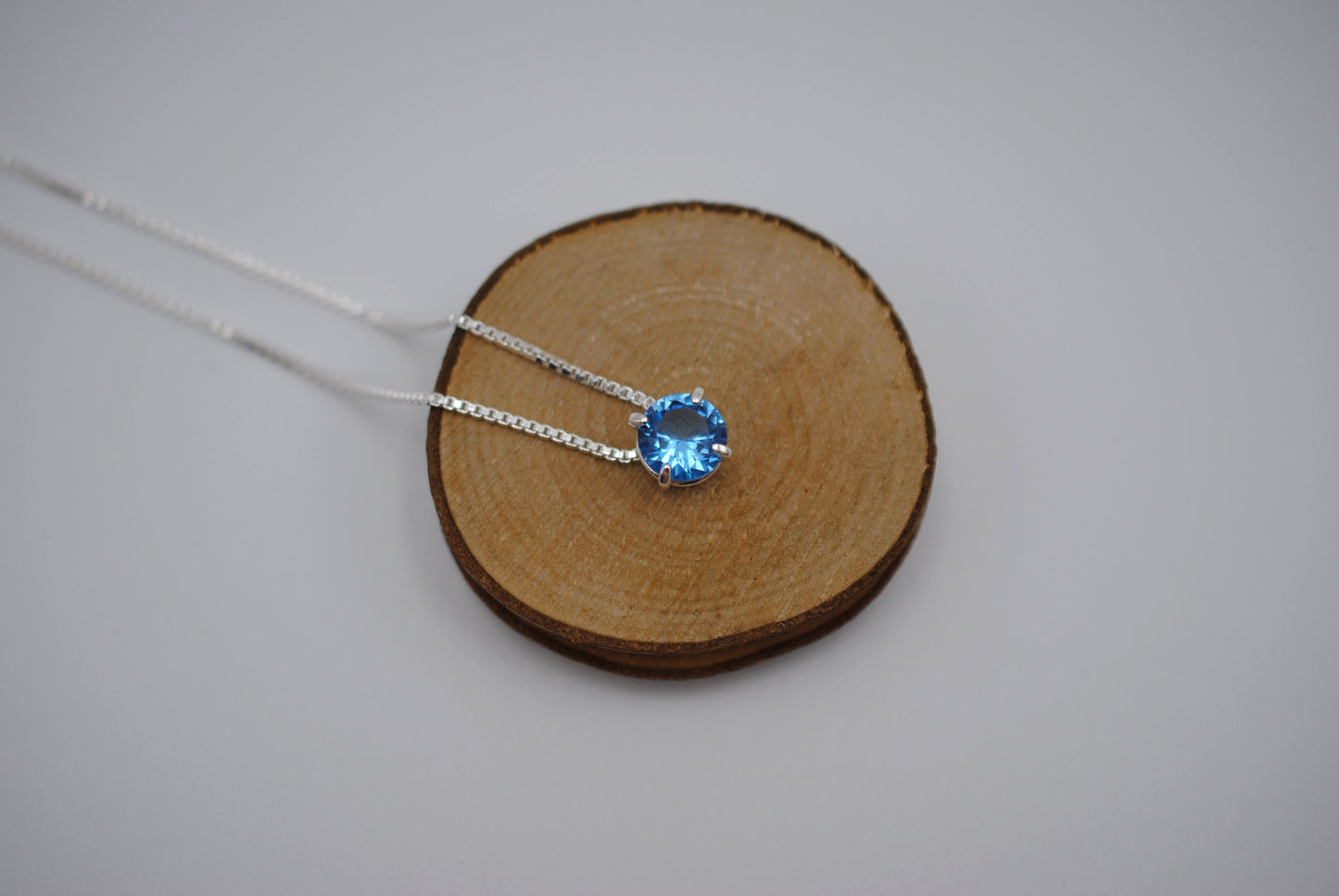 Birthstone Necklace: Round Aquamarine, Silver Prongs, Adjustable Chain