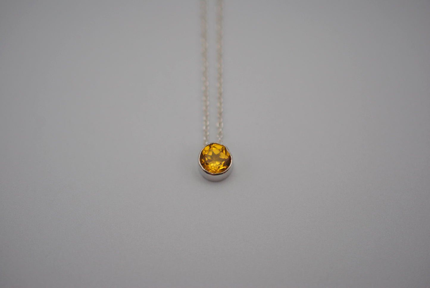 Birthstone Necklace: Round Citrine, Silver Bezel, on Cable Chain