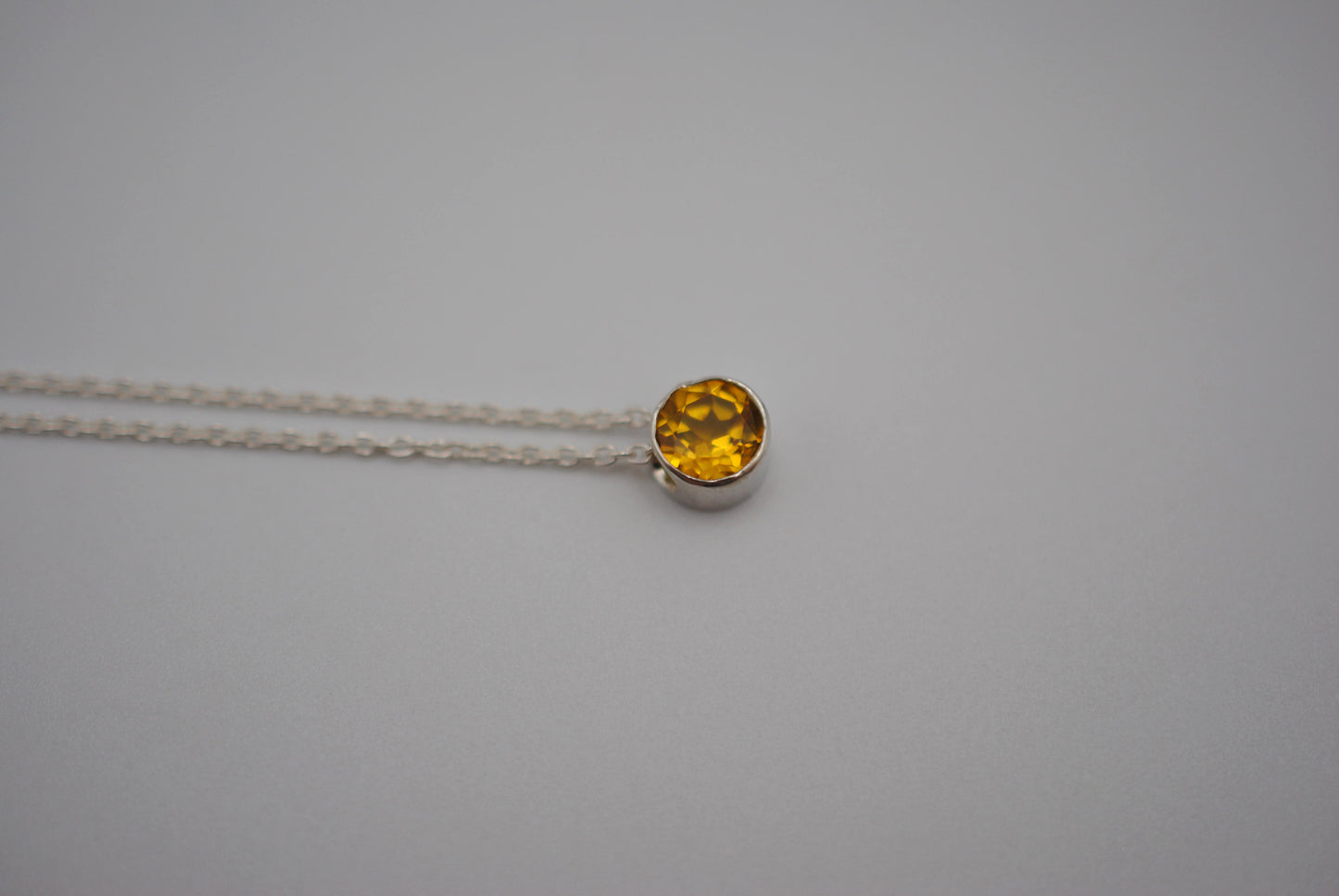 Birthstone Necklace: Round Citrine, Silver Bezel, on Cable Chain