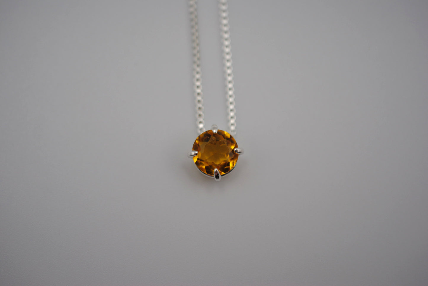 Birthstone Necklace: Round Citrine, Silver Prong Setting, Adjustable Box Chain