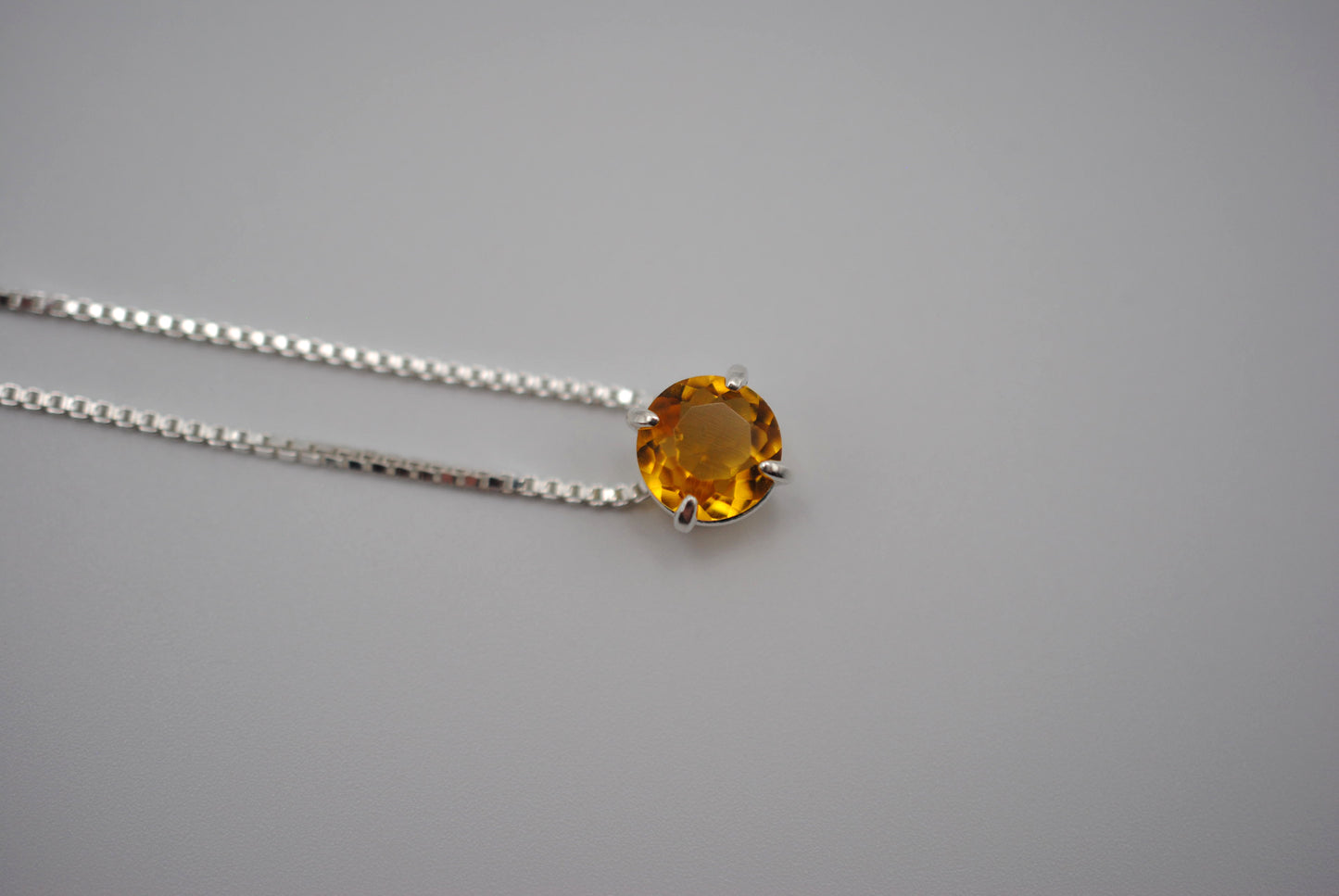 Birthstone Necklace: Round Citrine, Silver Prong Setting, Adjustable Box Chain