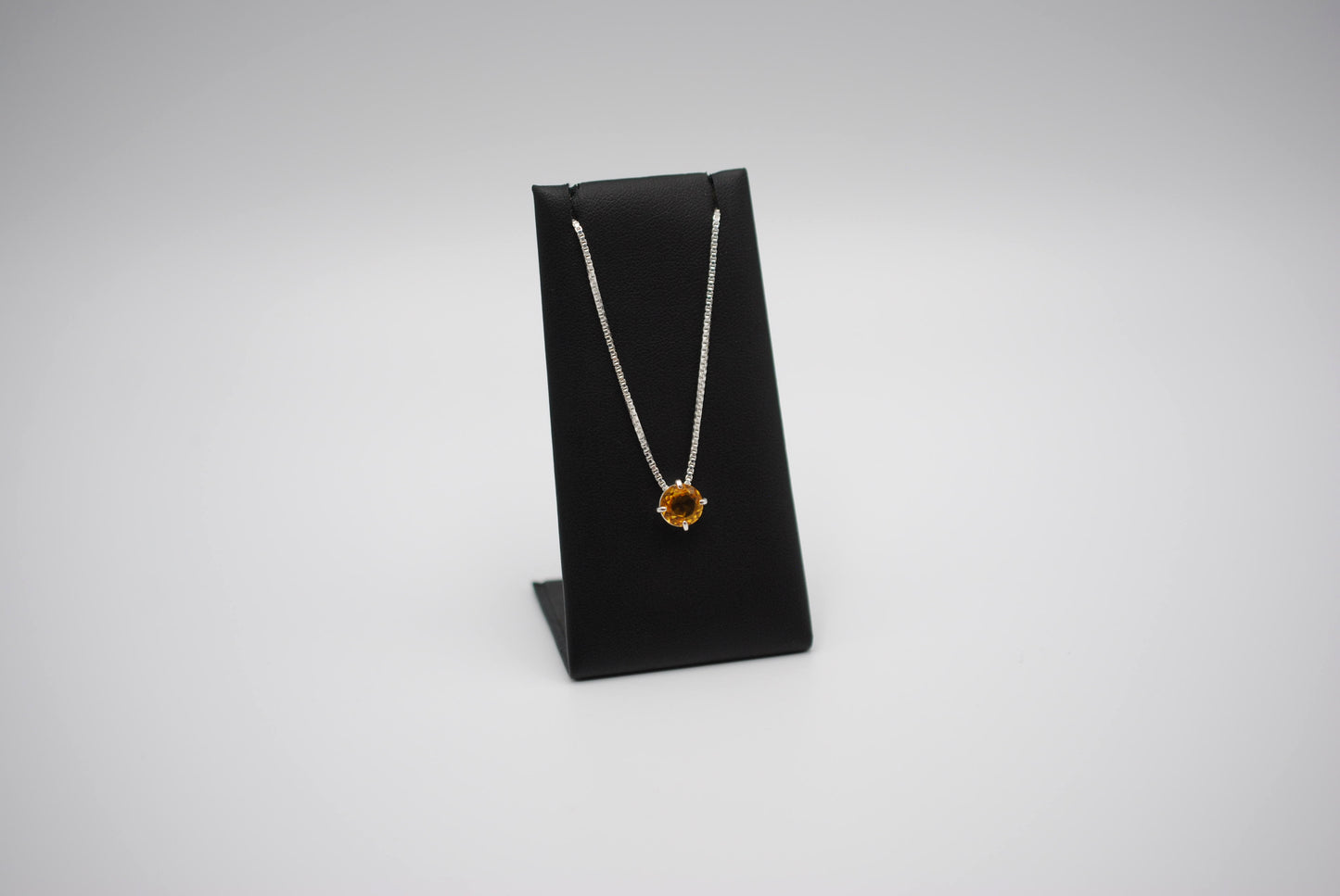 Birthstone Necklace: Round Citrine, Silver Prong Setting, Adjustable Box Chain