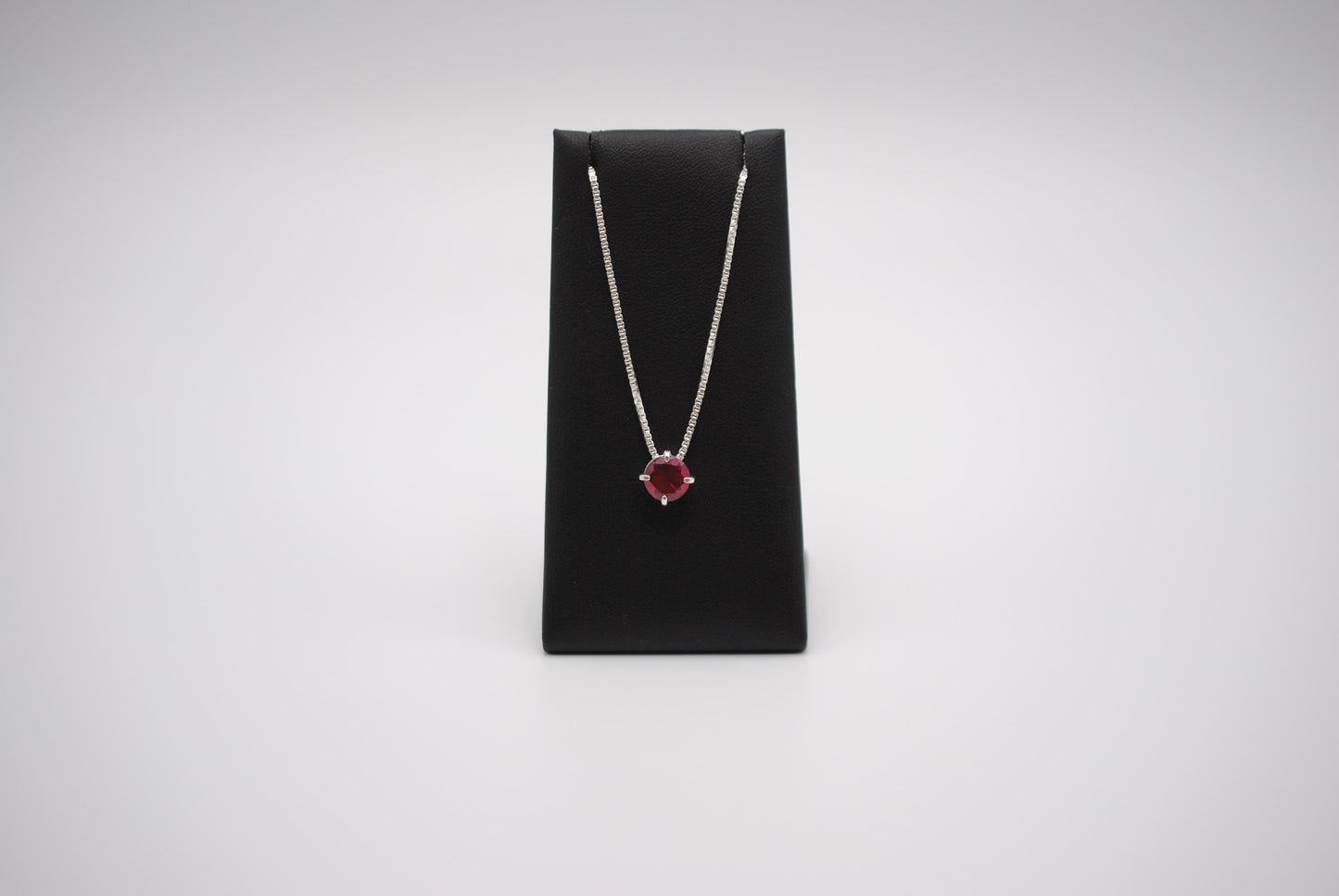 Birthstone Necklace: Round Garnet, Silver Prong Setting, Adjustable Chain