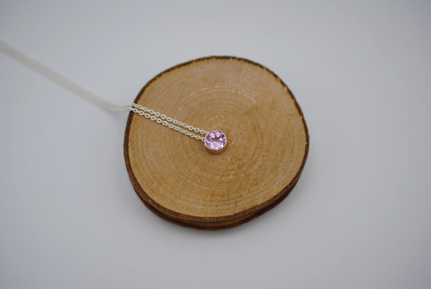 Birthstone Necklace: Round Pink Tourmaline, Silver Bezel, on Cable Chain