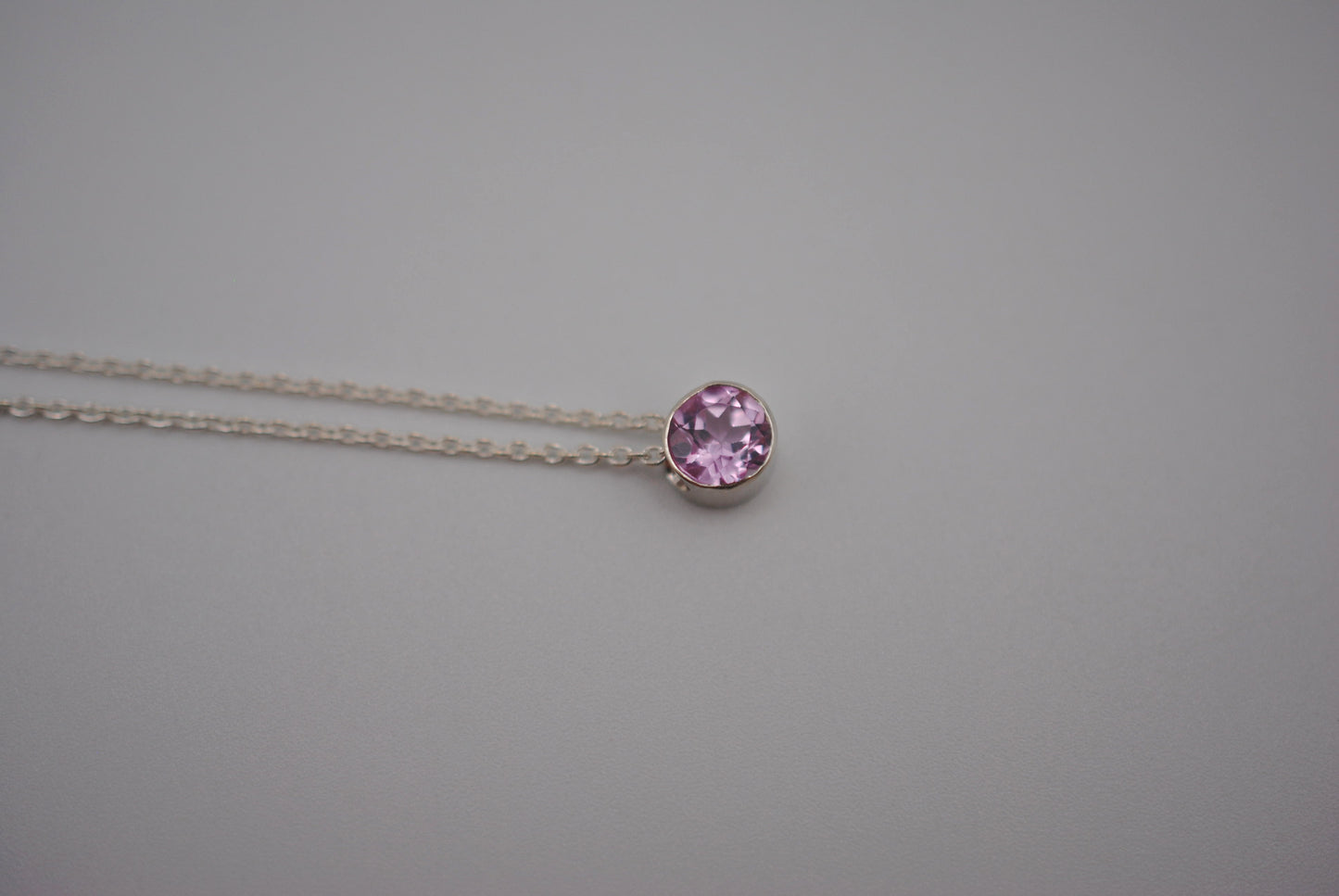Birthstone Necklace: Round Pink Tourmaline, Silver Bezel, on Cable Chain