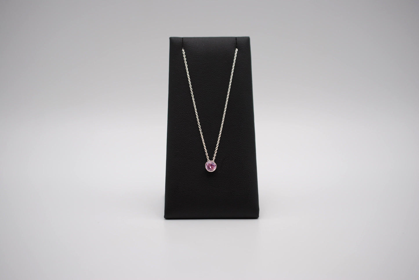 Birthstone Necklace: Round Pink Tourmaline, Silver Bezel, on Cable Chain