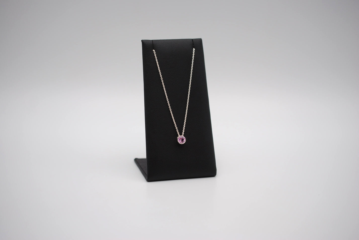 Birthstone Necklace: Round Pink Tourmaline, Silver Bezel, on Cable Chain