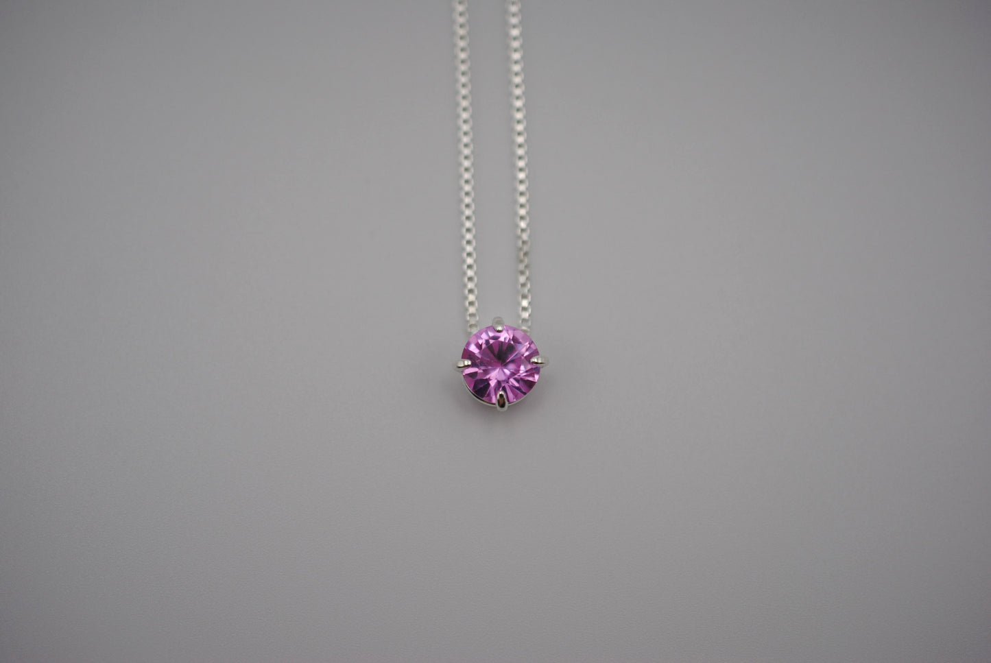 Birthstone Necklace: Round Pink Tourmaline, Silver Prong Setting, Adjustable Chain