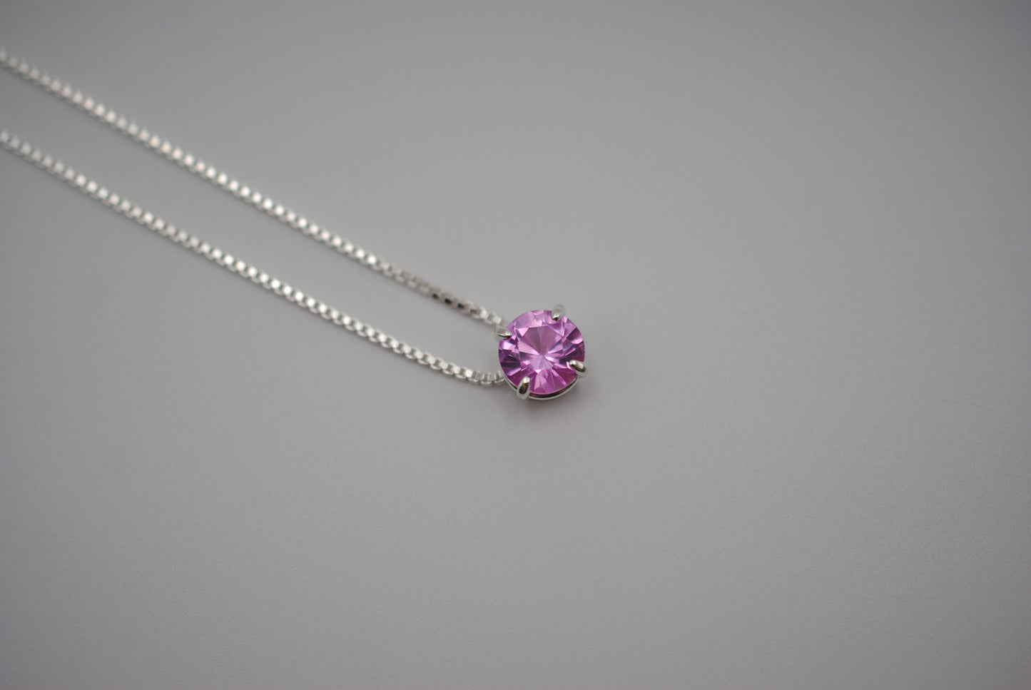 Birthstone Necklace: Round Pink Tourmaline, Silver Prong Setting, Adjustable Chain