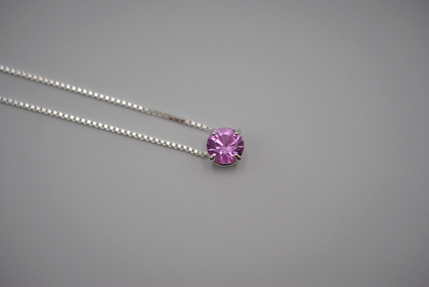 Birthstone Necklace: Round Pink Tourmaline, Silver Prong Setting, Adjustable Chain