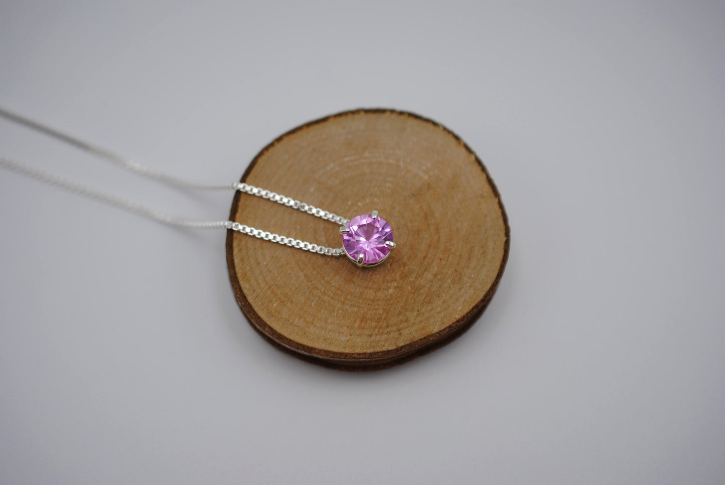 Birthstone Necklace: Round Pink Tourmaline, Silver Prong Setting, Adjustable Chain