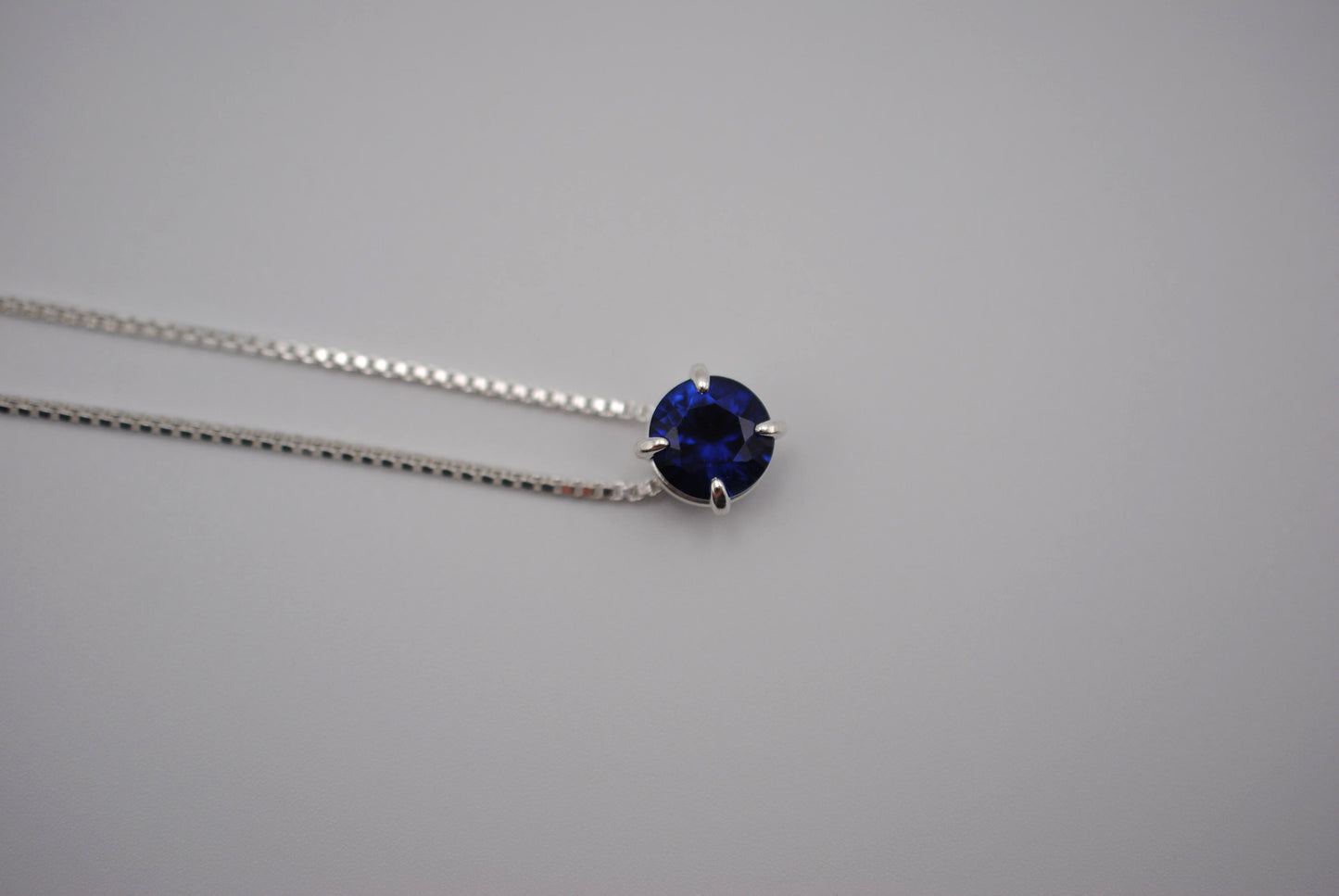 Birthstone Necklace: Round Sapphire, Silver Prong Setting, Adjustable Box Chain