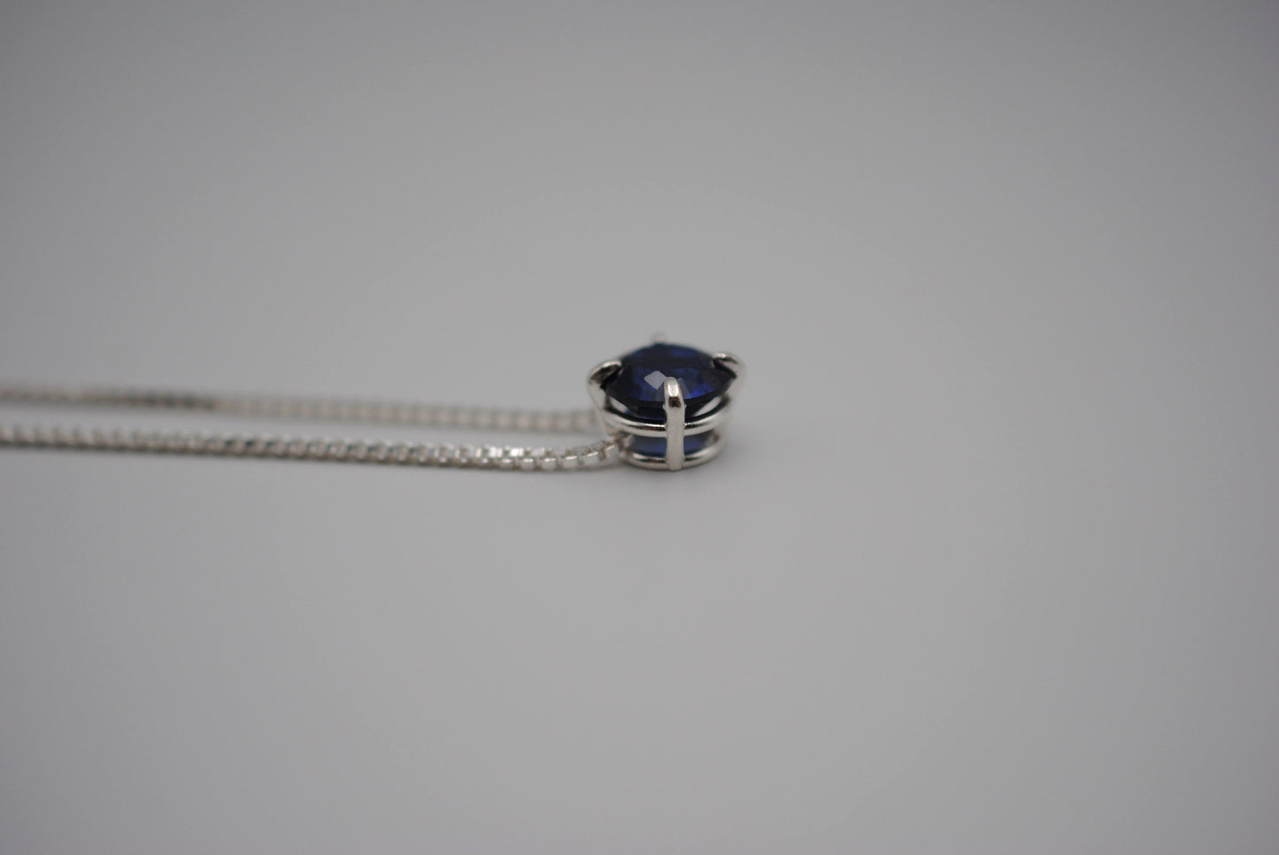 Birthstone Necklace: Round Sapphire, Silver Prong Setting, Adjustable Box Chain