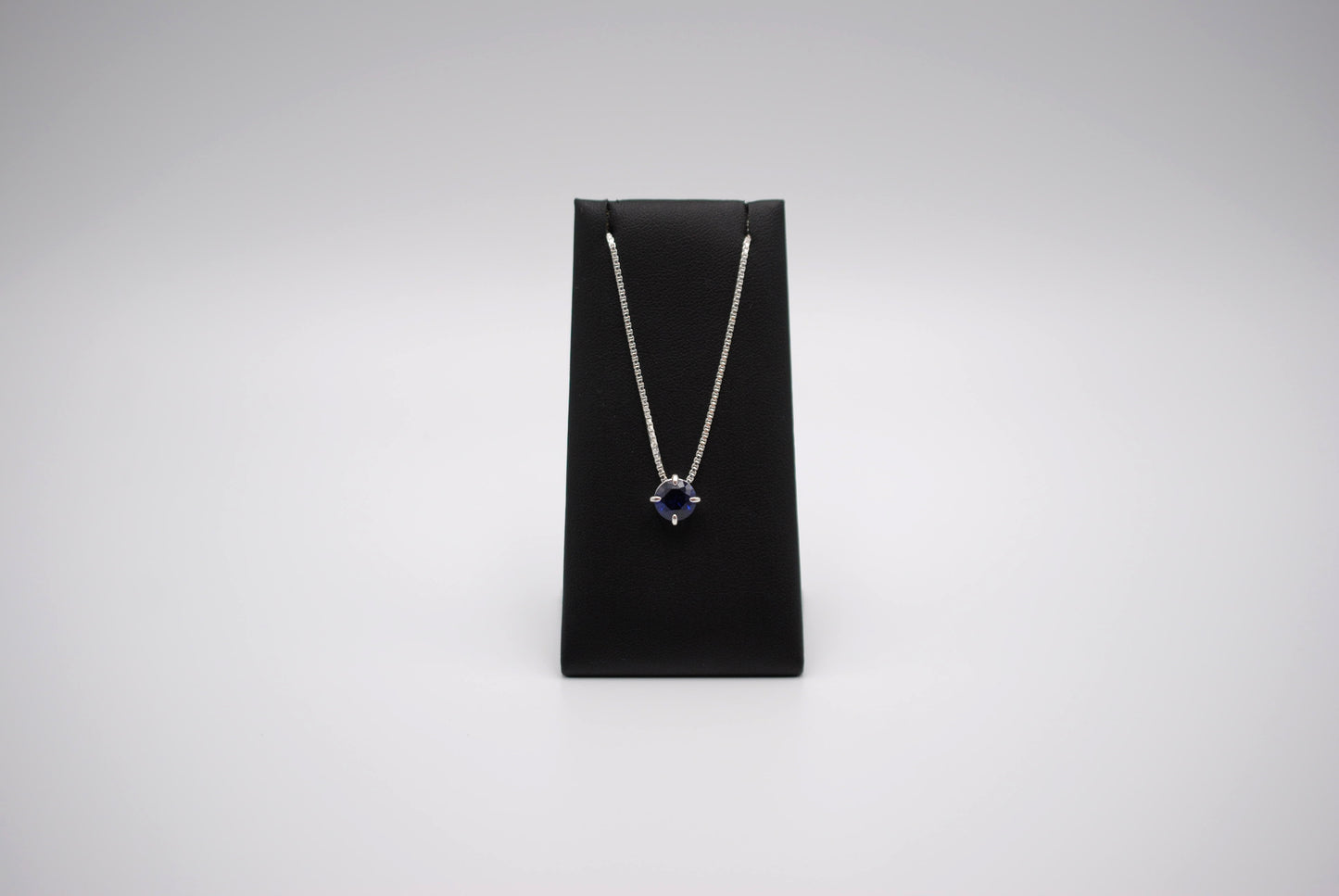 Birthstone Necklace: Round Sapphire, Silver Prong Setting, Adjustable Box Chain