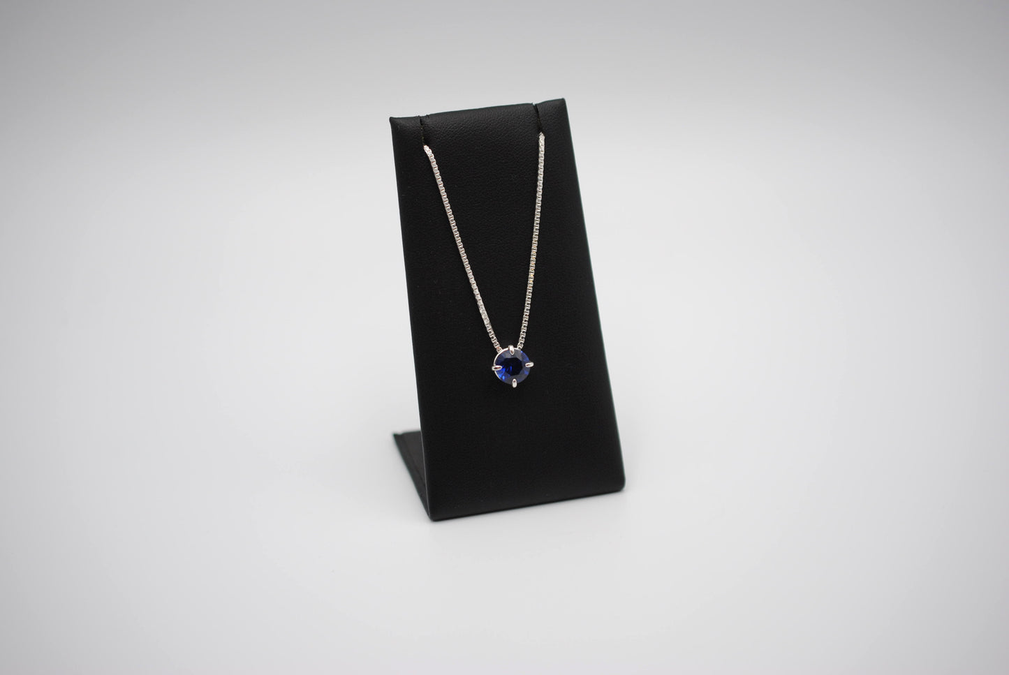Birthstone Necklace: Round Sapphire, Silver Prong Setting, Adjustable Box Chain
