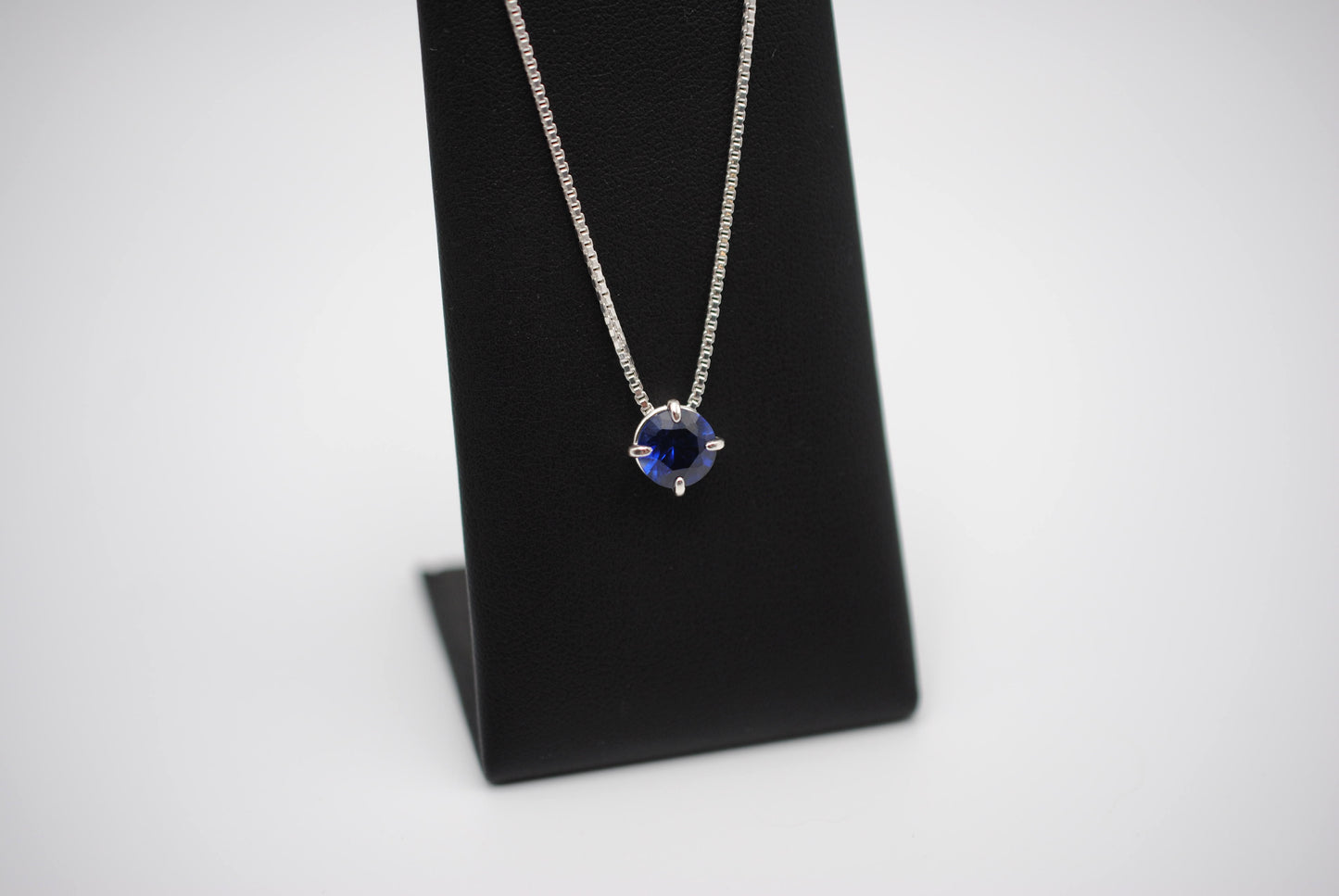 Birthstone Necklace: Round Sapphire, Silver Prong Setting, Adjustable Box Chain