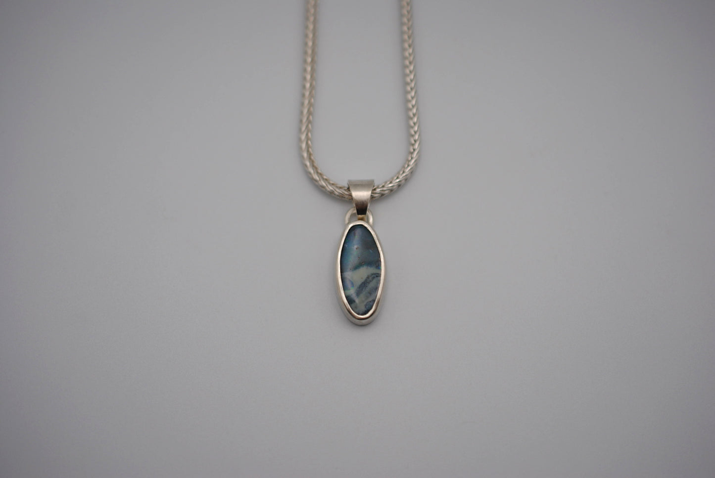 Boulder Opal Necklace: Cabachon, Silver Bezel, Foxtail Chain