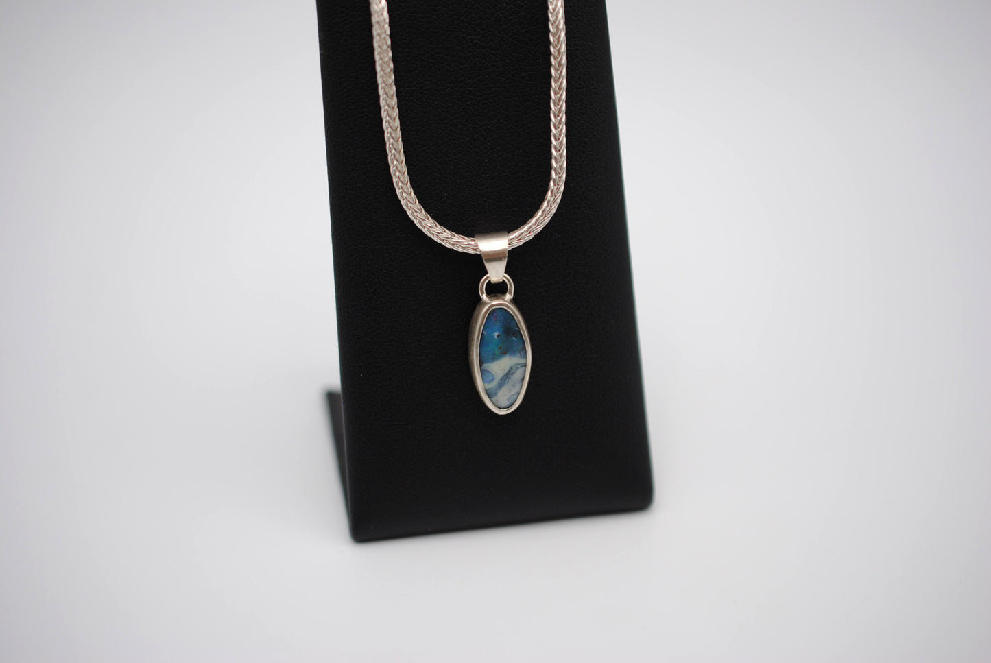 Boulder Opal Necklace: Cabachon, Silver Bezel, Foxtail Chain