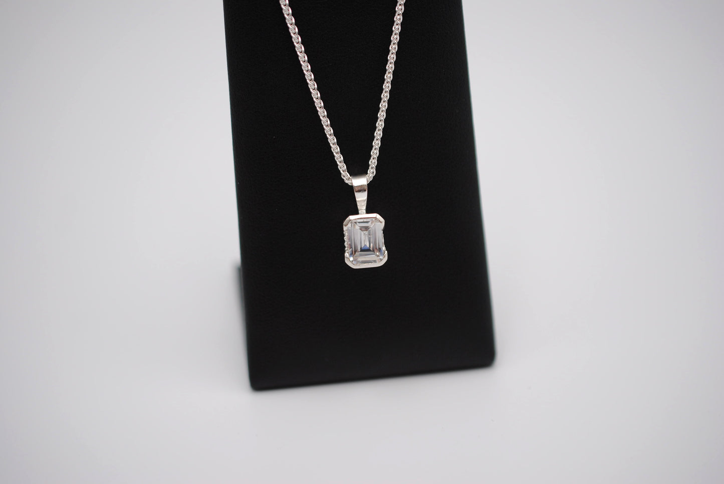 Cubic Zirconia Necklace: Emerald Cut, Silver Half Bezel, Adjustable Wheat Chain