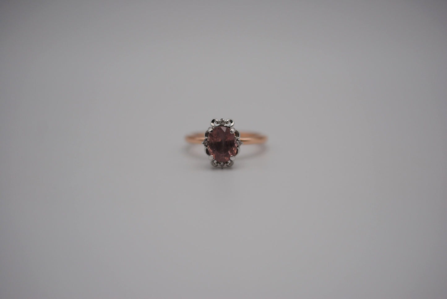 Malaia Garnet Ring: Oval Cut, Rose Gold Fill Band, White Gold Vintage Diamond Setting