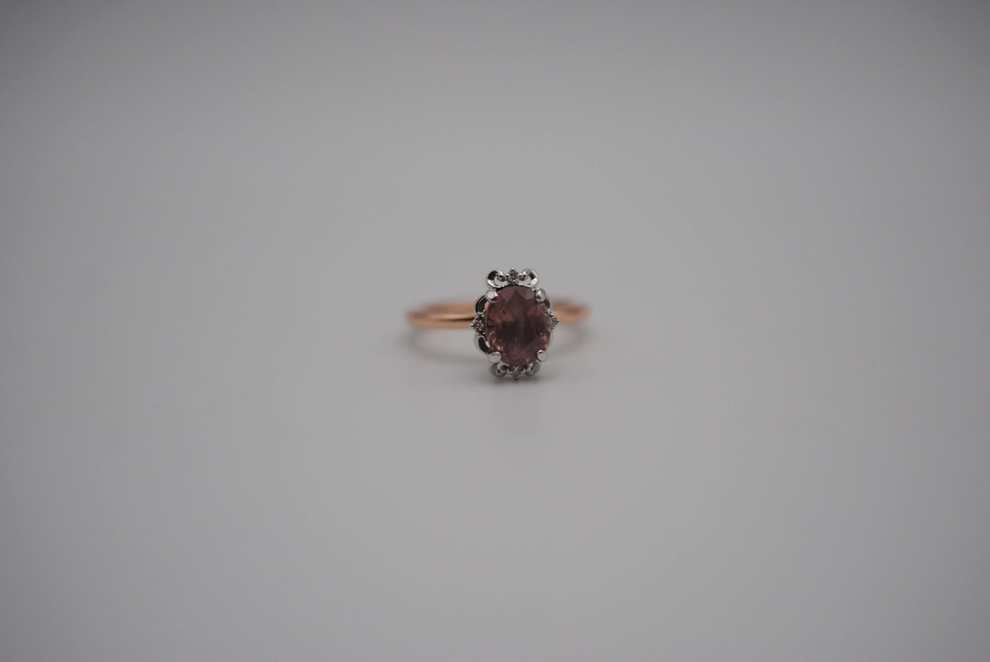 Malaia Garnet Ring: Oval Cut, Rose Gold Fill Band, White Gold Vintage Diamond Setting