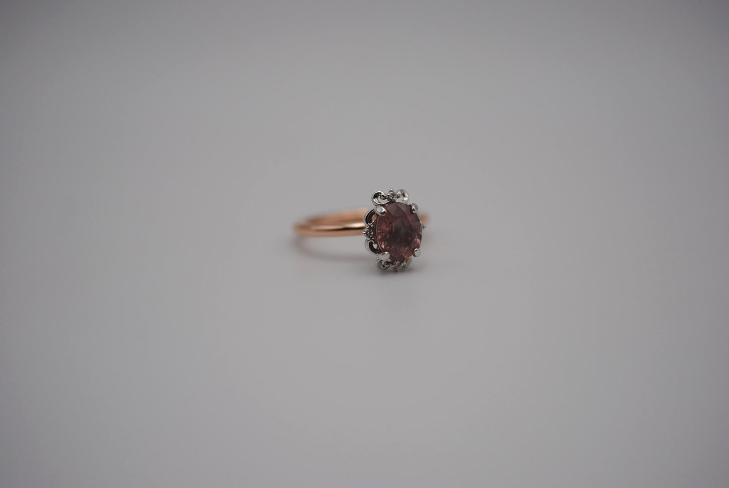 Malaia Garnet Ring: Oval Cut, Rose Gold Fill Band, White Gold Vintage Diamond Setting