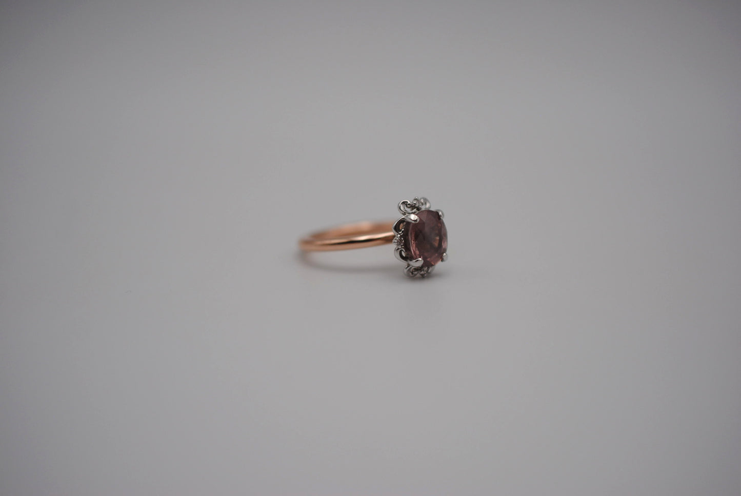 Malaia Garnet Ring: Oval Cut, Rose Gold Fill Band, White Gold Vintage Diamond Setting