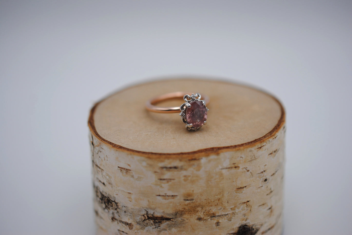 Malaia Garnet Ring: Oval Cut, Rose Gold Fill Band, White Gold Vintage Diamond Setting