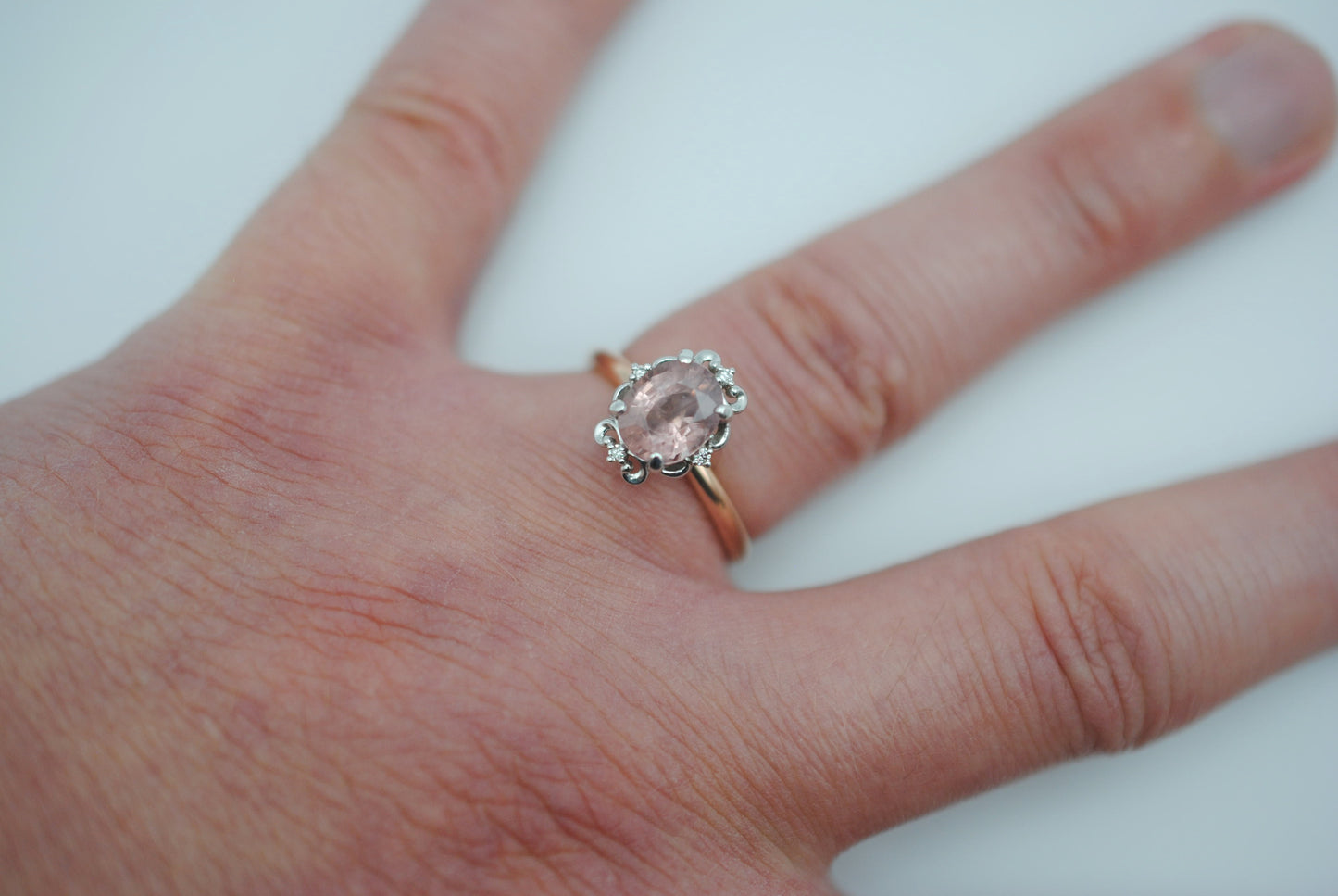 Malaia Garnet Ring: Oval Cut, Rose Gold Fill Band, White Gold Vintage Diamond Setting
