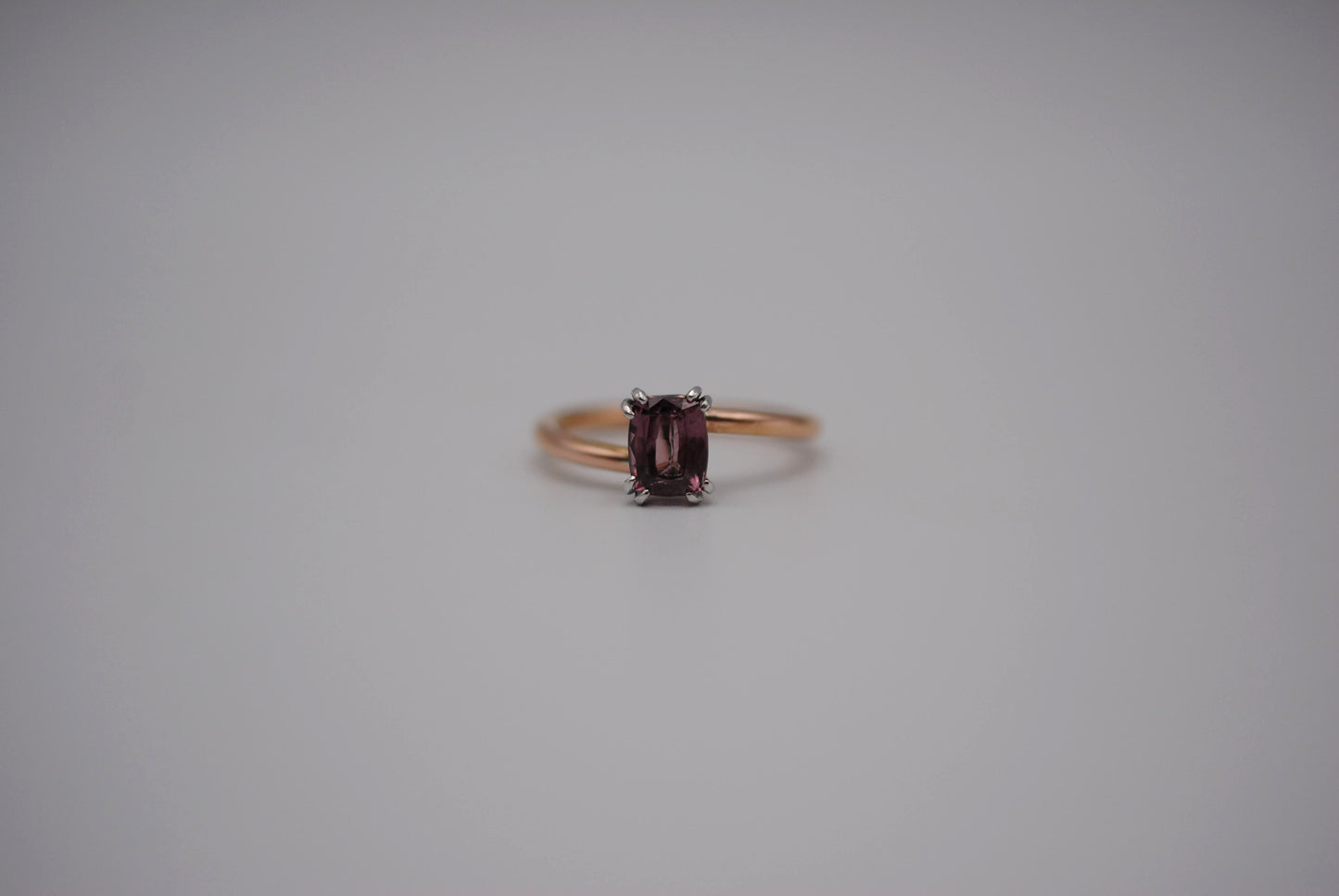 Malaia Garnet Ring: Emerald Cut, Rose Gold Bypass Band, White Gold Setting