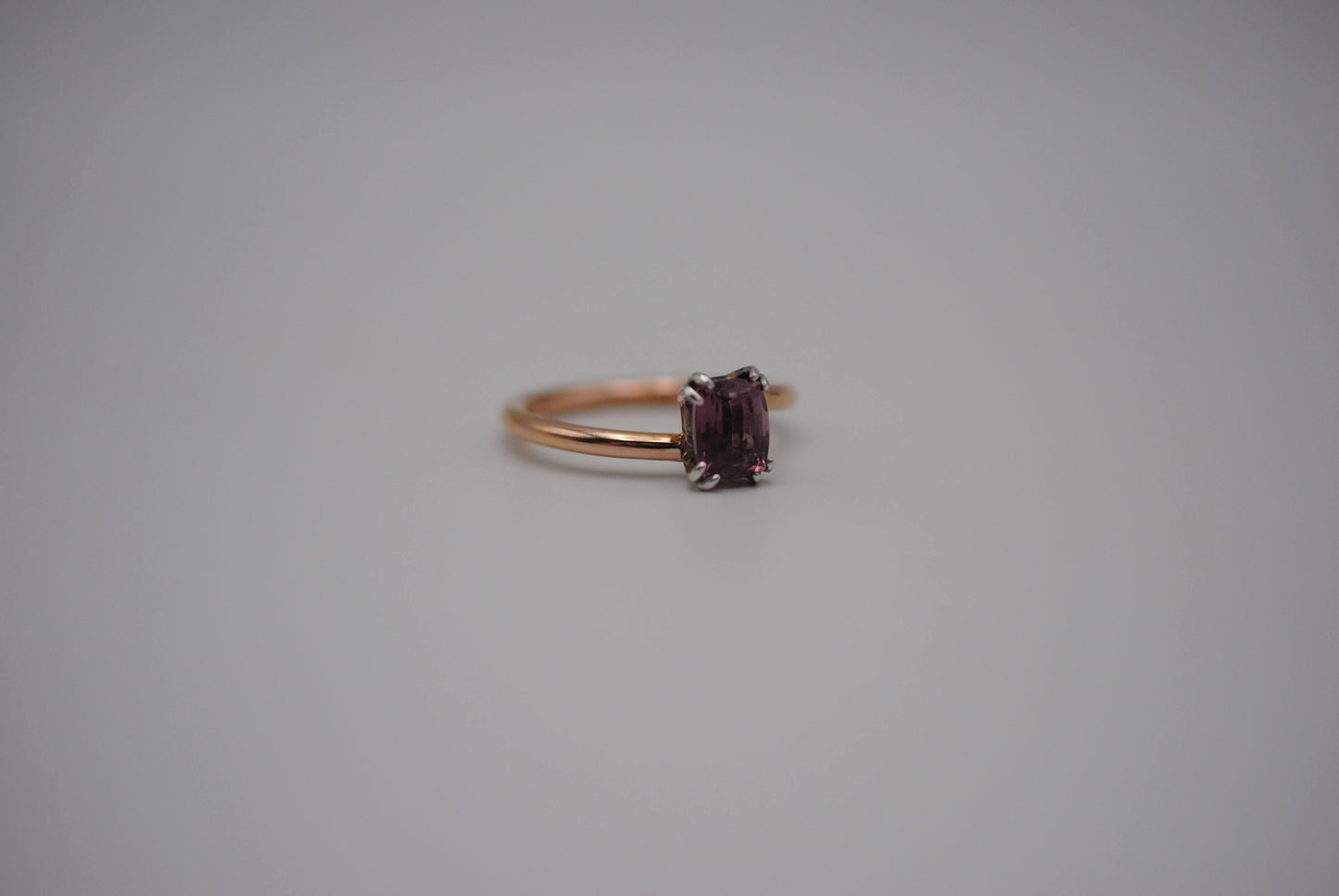 Malaia Garnet Ring: Emerald Cut, Rose Gold Bypass Band, White Gold Setting