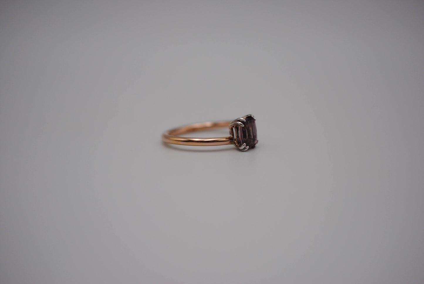 Malaia Garnet Ring: Emerald Cut, Rose Gold Bypass Band, White Gold Setting