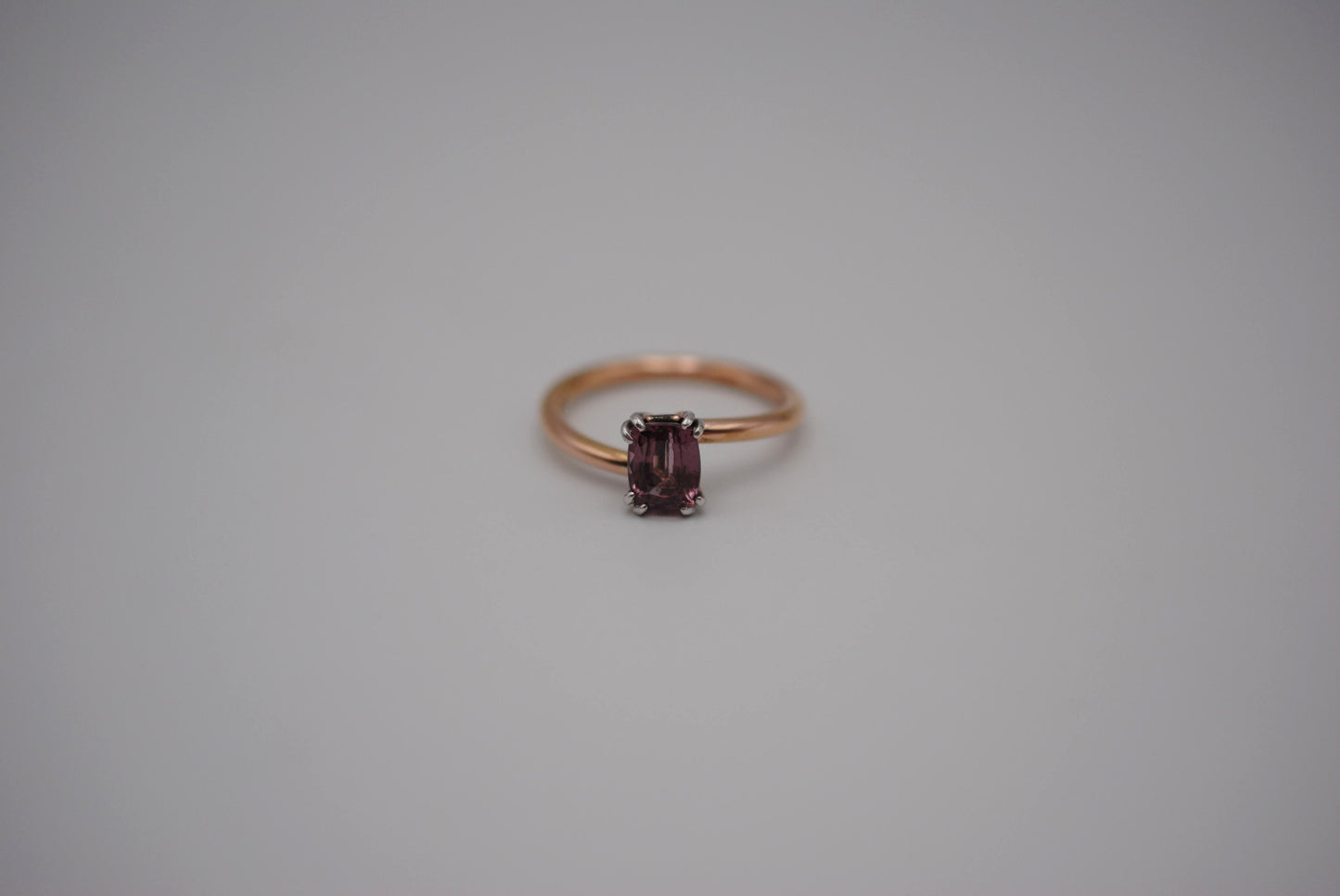 Malaia Garnet Ring: Emerald Cut, Rose Gold Bypass Band, White Gold Setting
