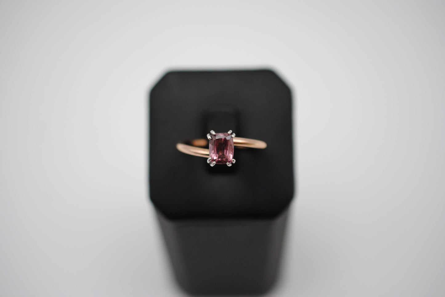 Malaia Garnet Ring: Emerald Cut, Rose Gold Bypass Band, White Gold Setting