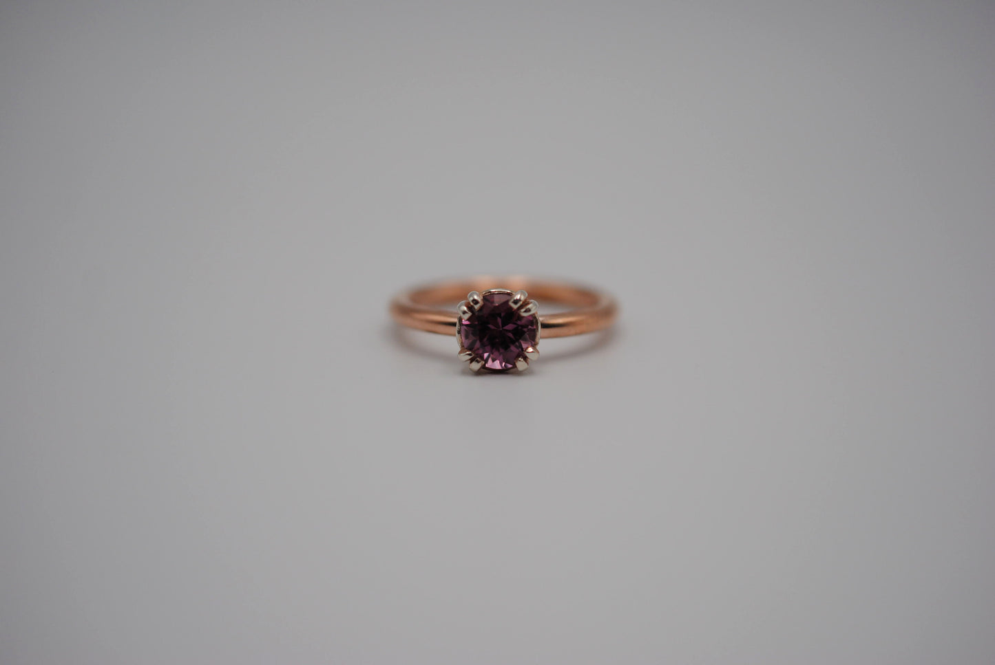 Malaia Garnet: Round Cut, Rose Gold Fill Band, Silver Double Prong Setting