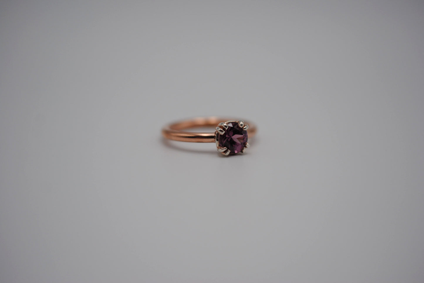 Malaia Garnet: Round Cut, Rose Gold Fill Band, Silver Double Prong Setting